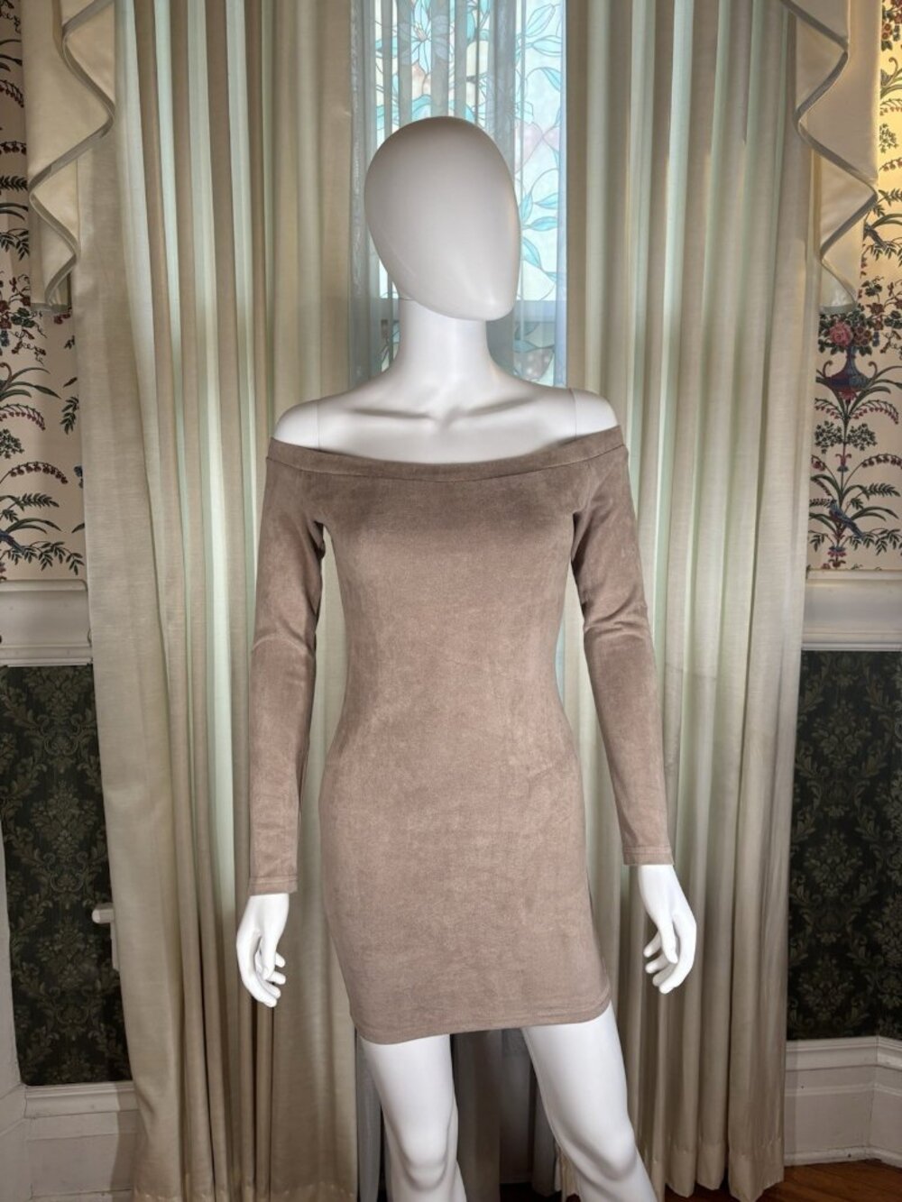 Tan Faux Suede Off Shoulder Stretch Bodycon Mini Dress Small Y2K 90s Bombshell